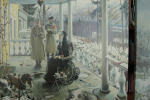 Павел Рыженко, часть триптиха «Реквием», 2010 год. Это реквием по старой жизни. Один из сыновей пожилой женщины — белый офицер, второй стал красным командиром. Но оба они приходят к матери за благословением. На столике — их письма: оба брата воевали в Первую мировую. (На первой картине триптиха слуга везет эту старую женщину в коляске и читает ей письма сыновей с фронта). В углу — лошадка, символ их общего детства. Внизу — старый слуга, который собрал в дорогу обоим корзинку с пирожками. На следующей картине триптиха один из сыновей, красный командир, возвращается в усадьбу спустя много лет, когда уже нет ни матери, ни слуги, ни брата.